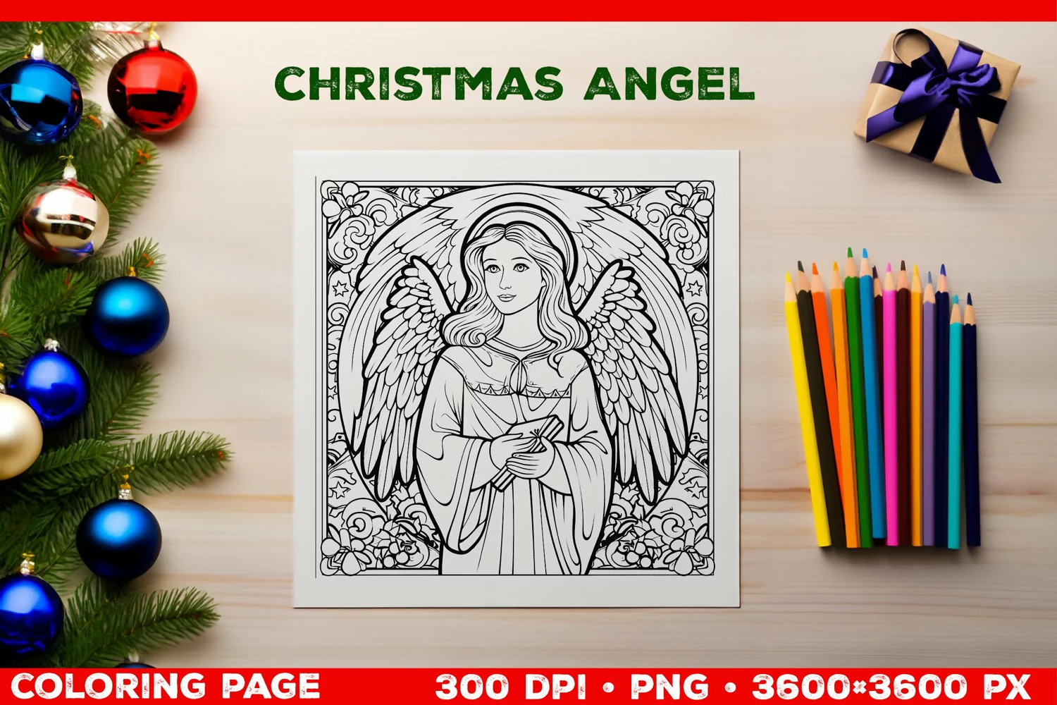 Festive Christmas Angel Coloring Page. Christmas Angel PNG product image 1