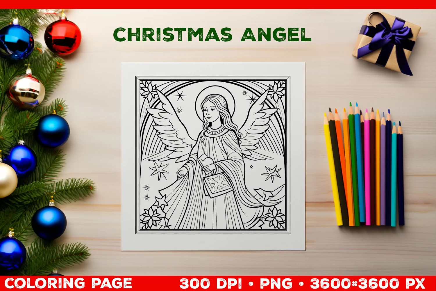 Festive Christmas Angel Coloring Page. Christmas Angel PNG product image 1