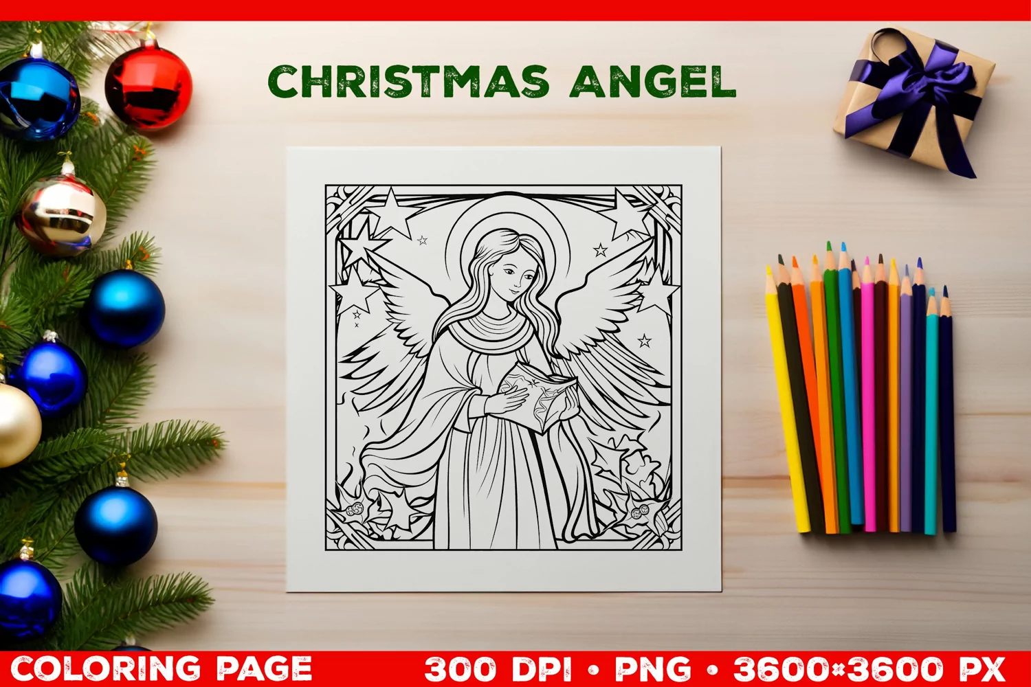 Festive Christmas Angel Coloring Page. Christmas Angel PNG product image 1