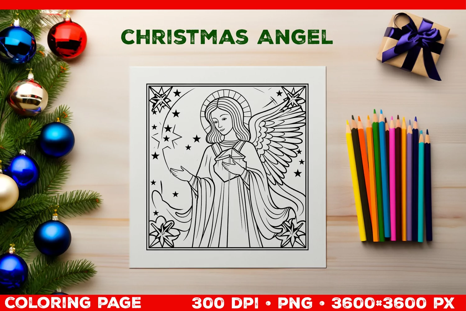 Festive Christmas Angel Coloring Page. Christmas Angel PNG product image 1