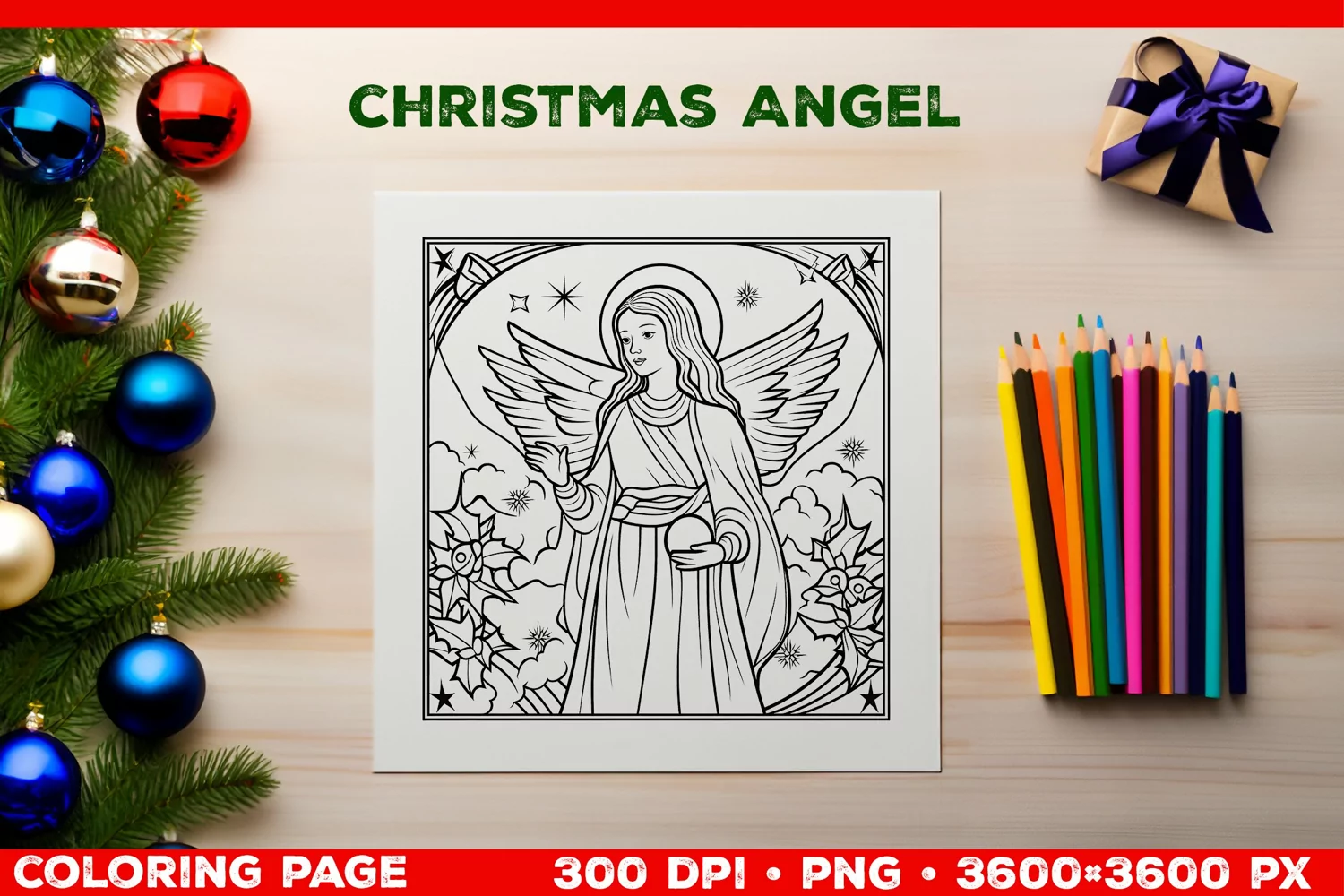 Festive Christmas Angel Coloring Page. Christmas Angel PNG product image 1