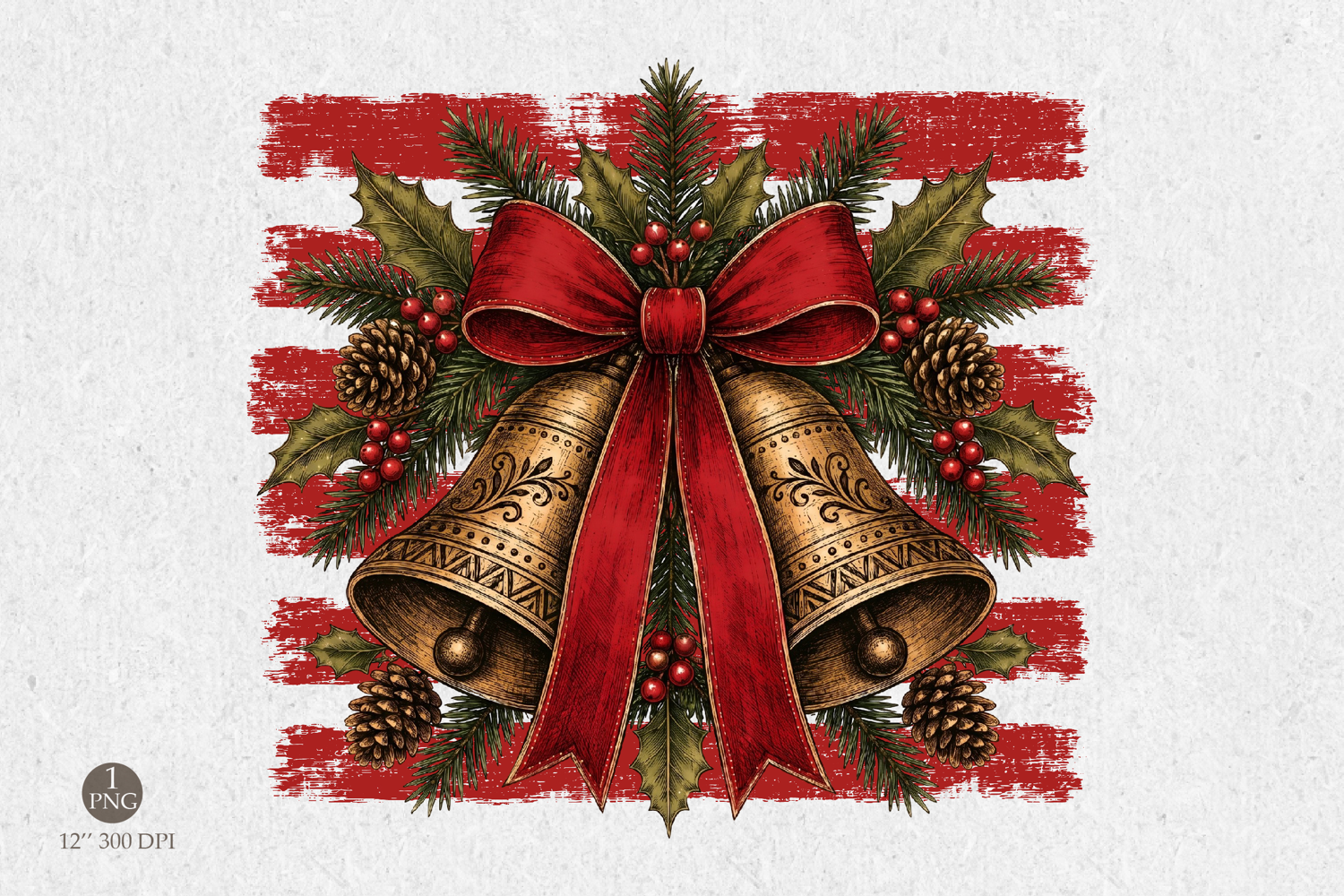 Christmas Bells PNG, Vintage Red Bow and Stripes Sublimation product image 1
