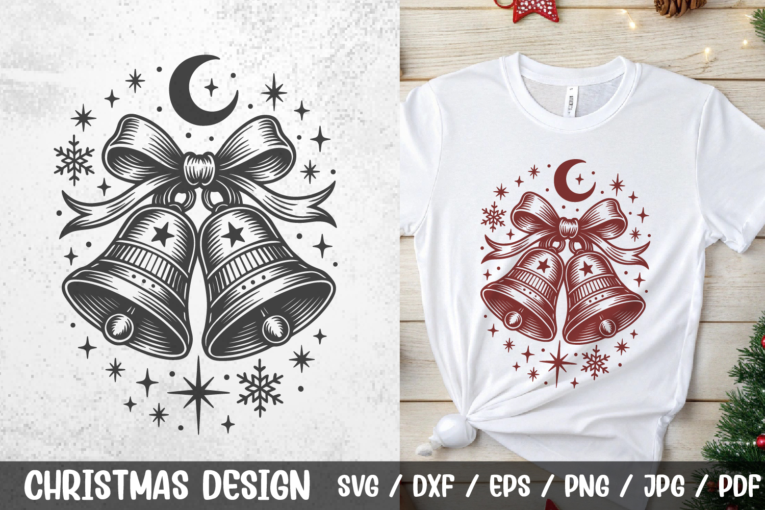 Christmas Bells SVG – festive bells tied with a ribbon, decorated with snowflakes, stars, and a crescent moon. Perfect for holiday projects such as t-shirts, mugs, cards, invitations, scrapbooking, signs, and festive home décor.