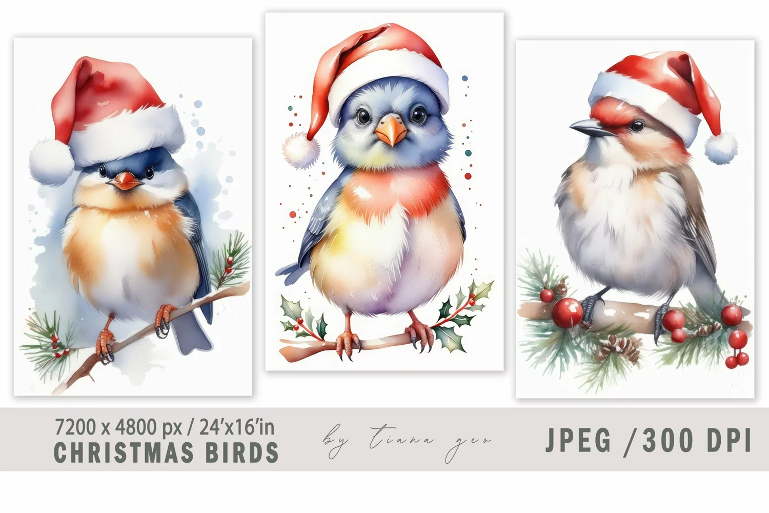 Cute Christmas bird illustrations for prints- 3 JPEG files product image 1