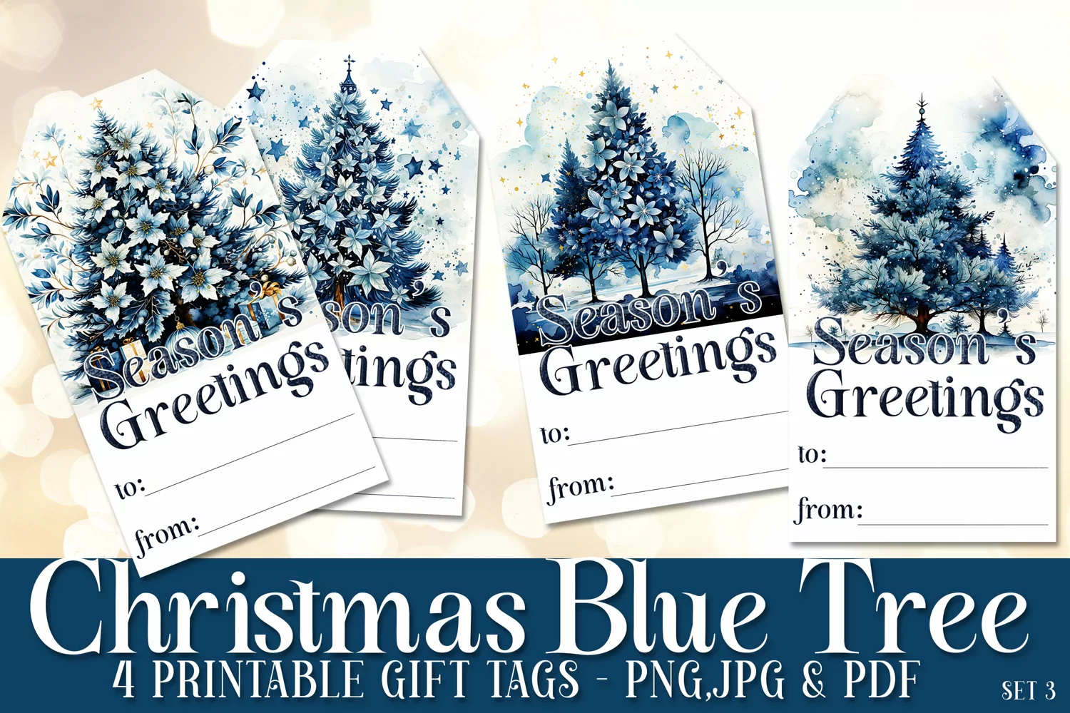 Blue Holiday Christmas Tree Gift Tags & Sheet, Printable s3 product image 1