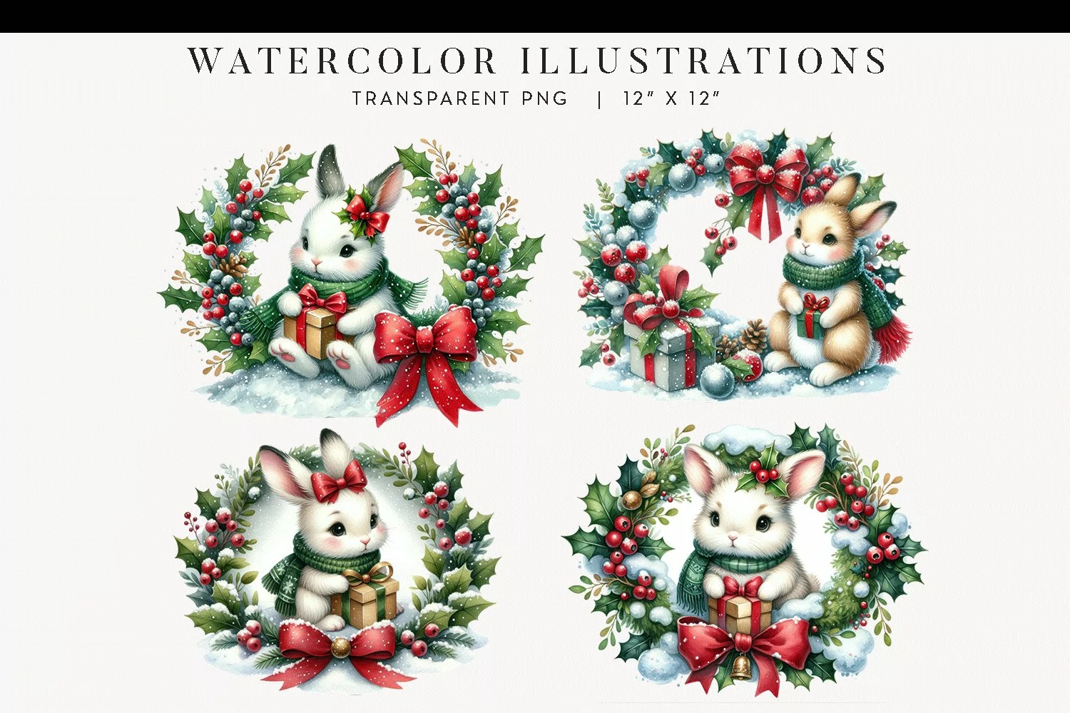 Christmas Bunnies Watercolor Clipart product image 1