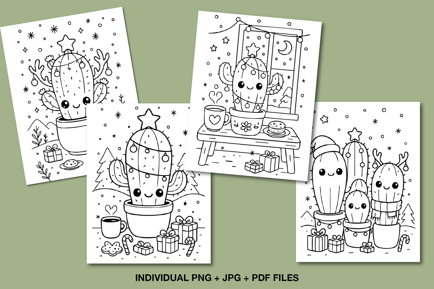 Adorable set of Christmas cactus coloring pages featuring kawaii cactus characters decorated for the holidays, perfect for kids’ festive crafts.