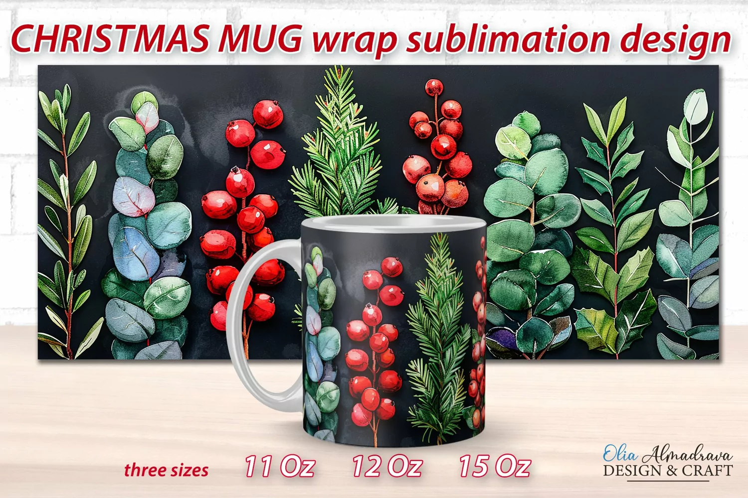 Christmas Mug Sublimation Wrap| Watercolor Mug Template PNG product image 1