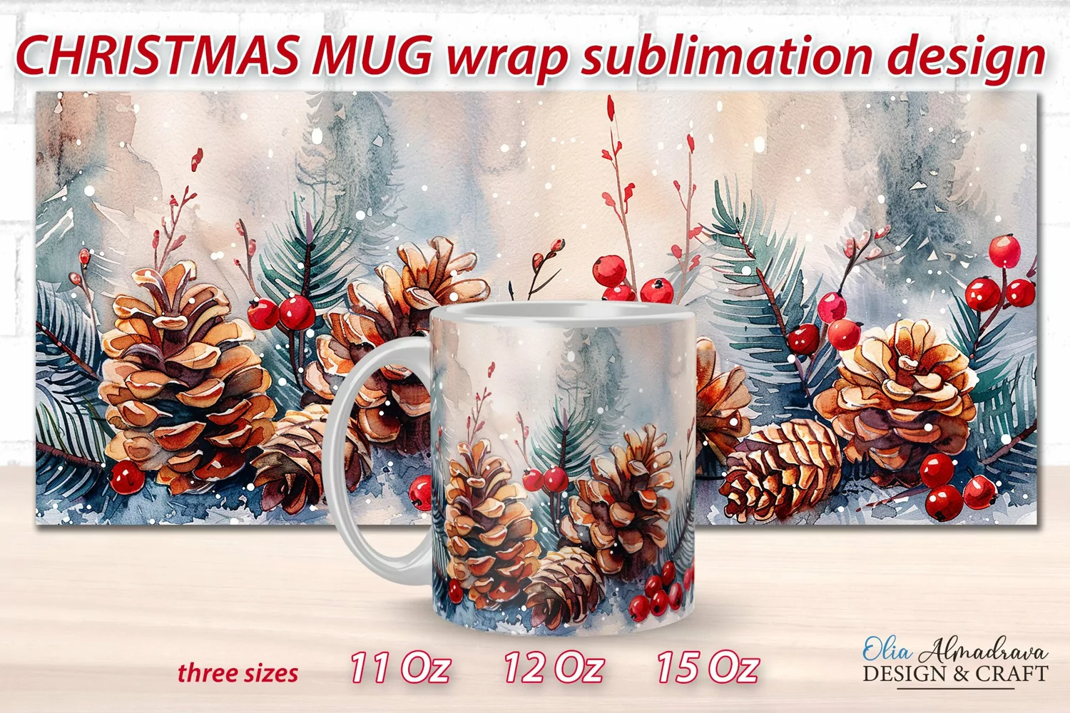Christmas Mug Wrap Sublimation| Watercolor Mug Template PNG product image 1