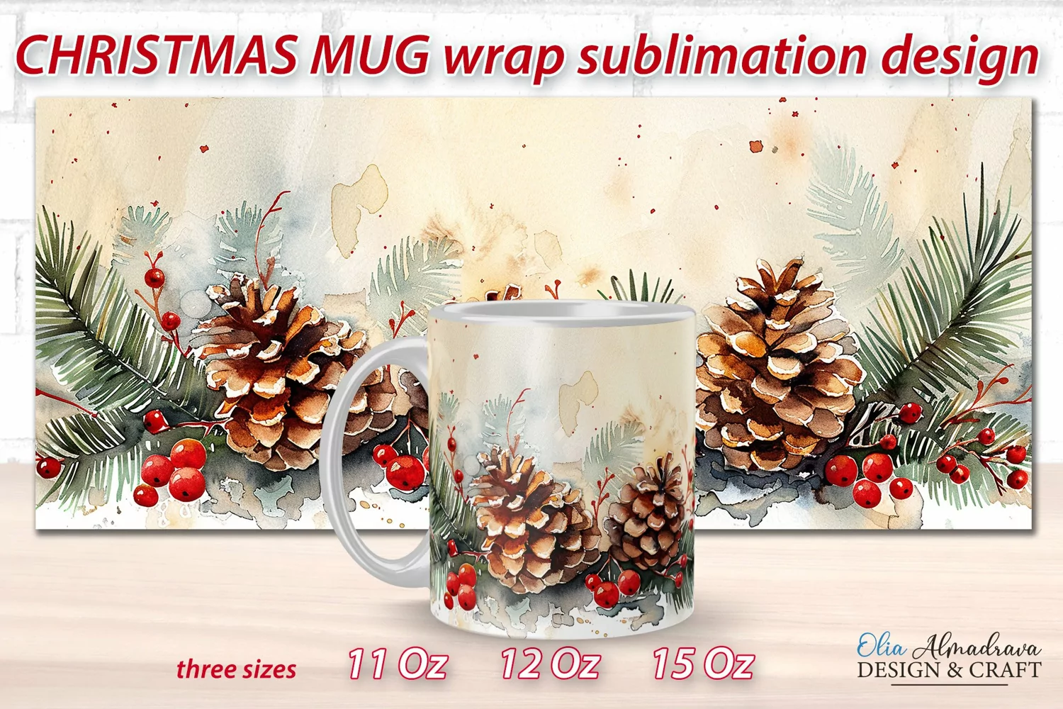 Christmas Mug Sublimation Template| Watercolor Mug Wrap PNG product image 1