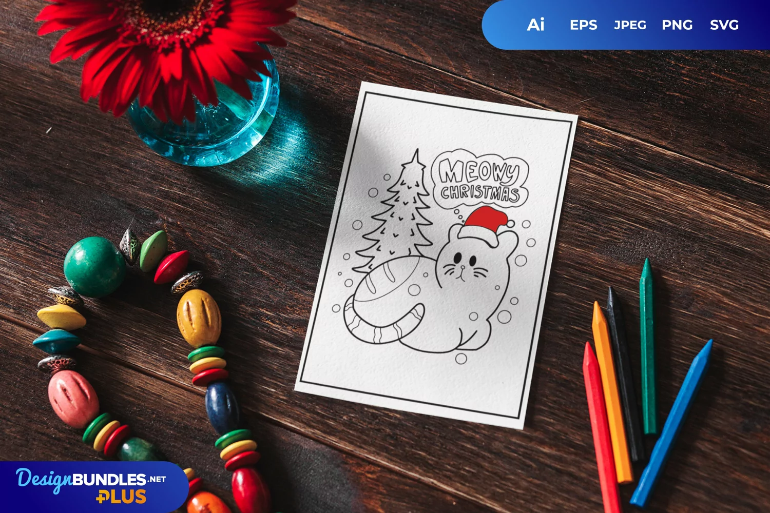 Cat Wearing Santa Hat Coloring Page product image 1