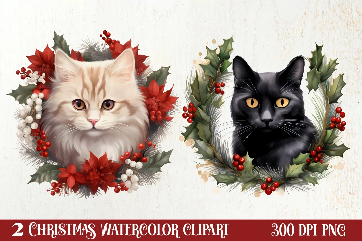 Christmas Cat Wreath Sublimation Clipart, Christmas Cat PNG product image 1