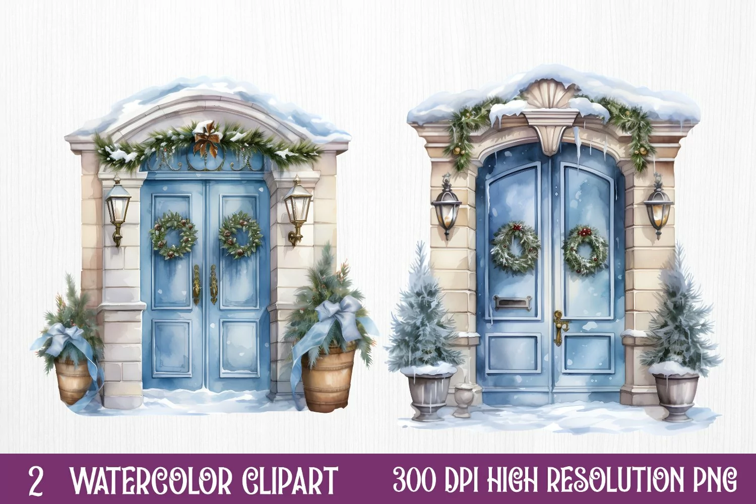 Blue Christmas Watercolor Clipart Sublimation product image 1