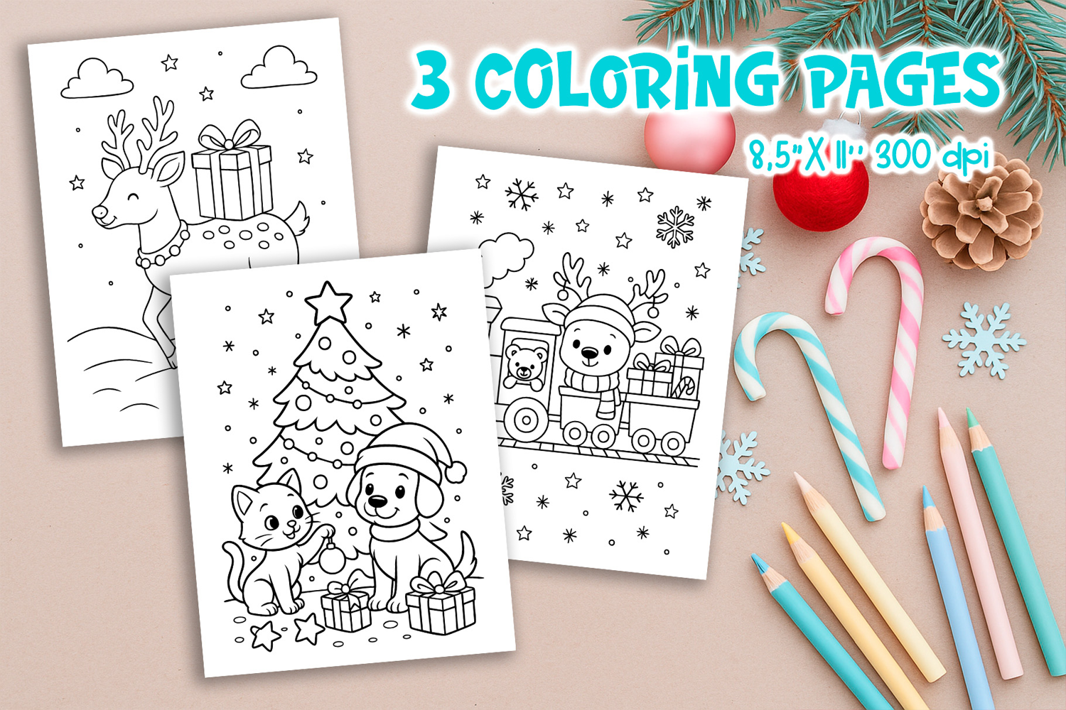 Christmas Kids Coloring Pages | Reindeer Cat Dog Train product image 1