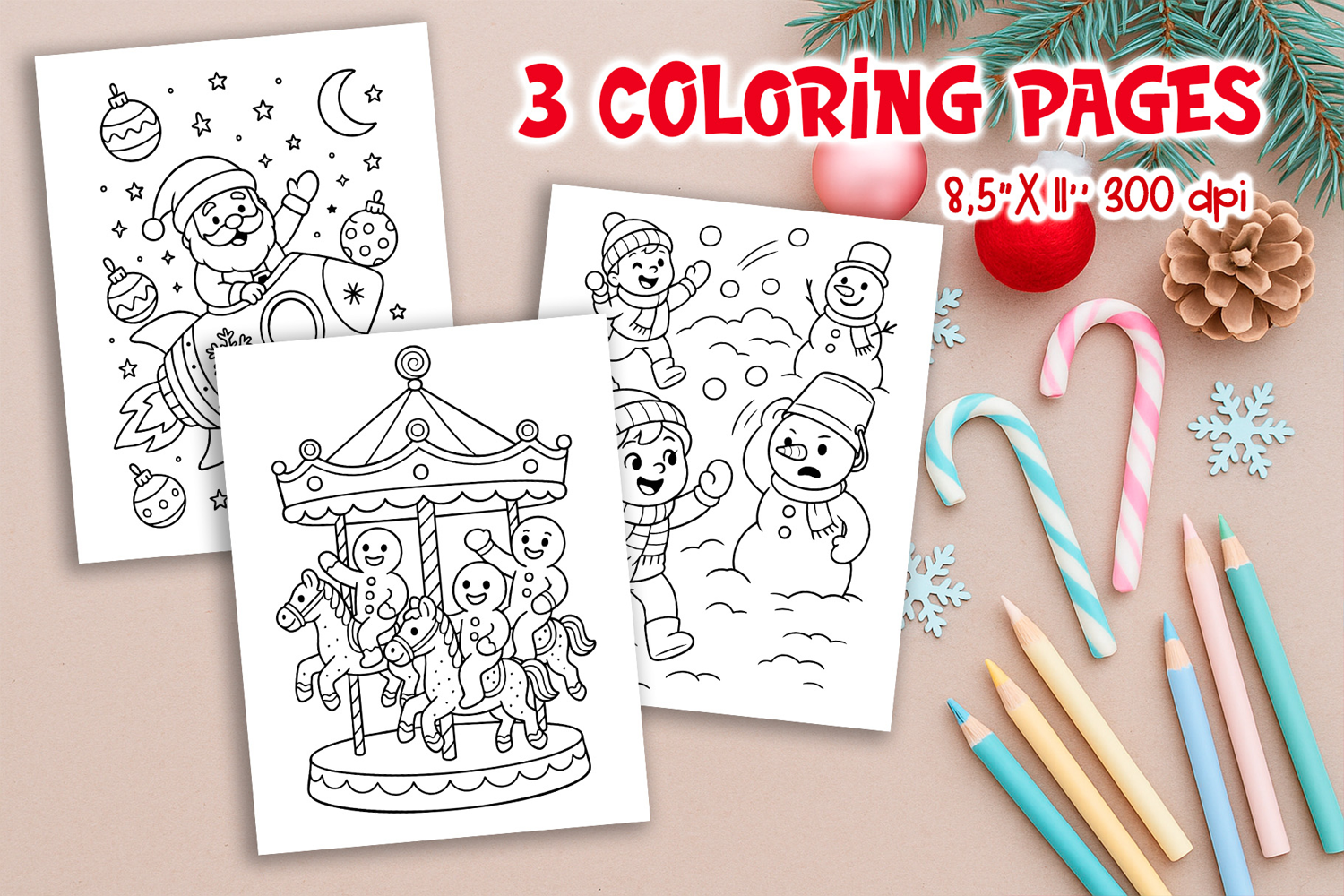 Christmas Kids Coloring Pages | Santa Rocket Snow Fun product image 1