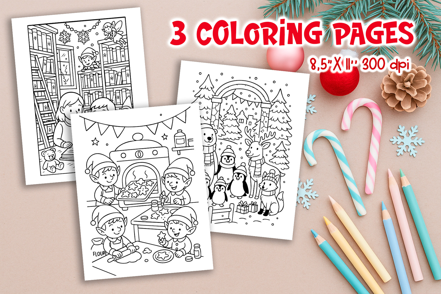 Christmas Kids Coloring Pages | Elves, Library & Zoo product image 1
