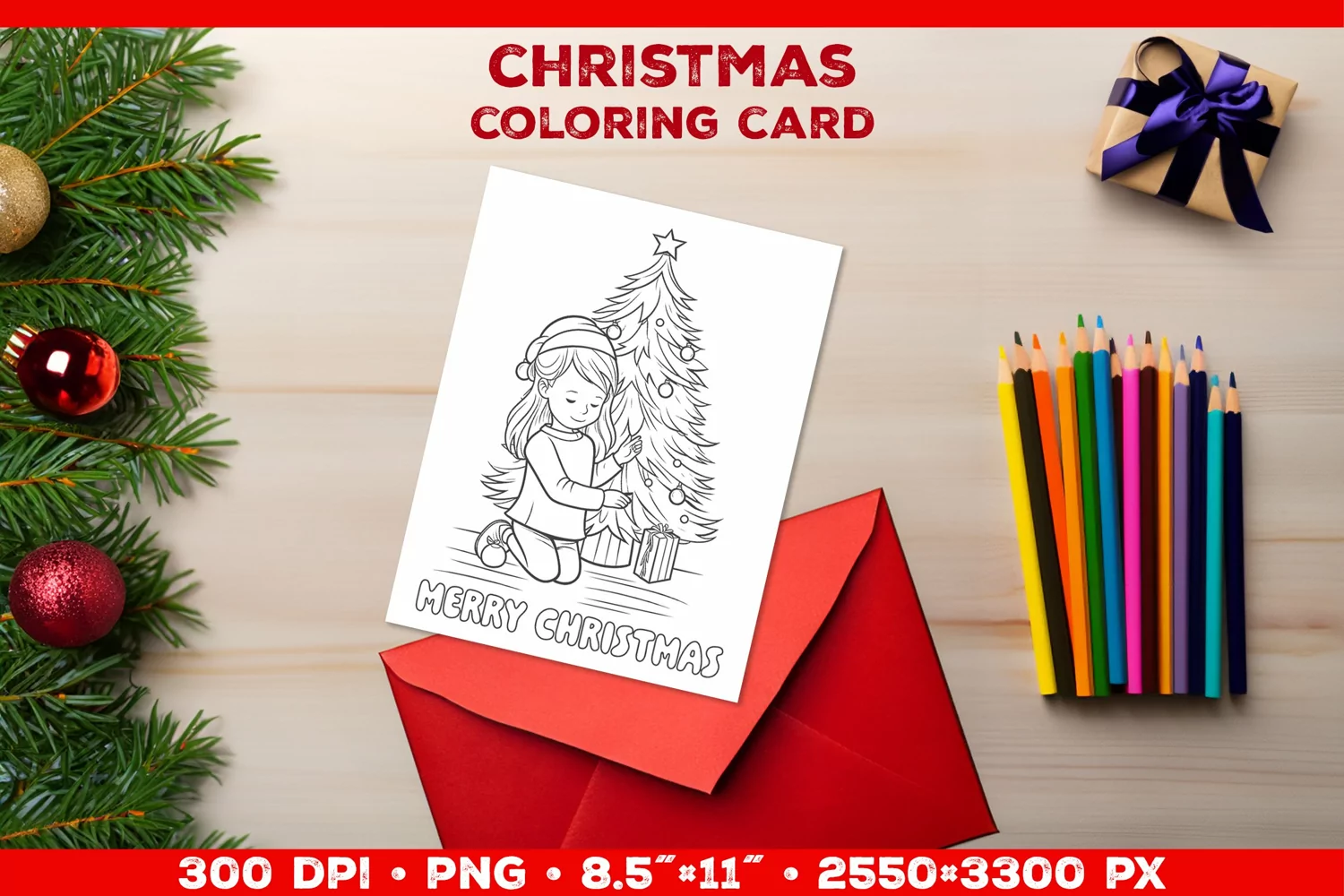 Christmas Coloring Card: Festive Girl Decorating the Tree product image 1