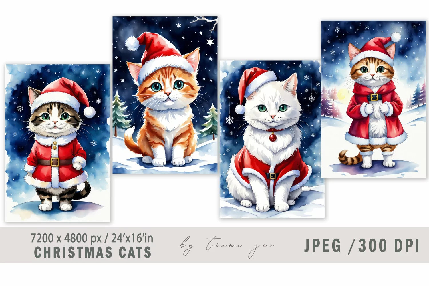 Christmas cat in Santa hat illustrations for posters- 4 Jpeg product image 1