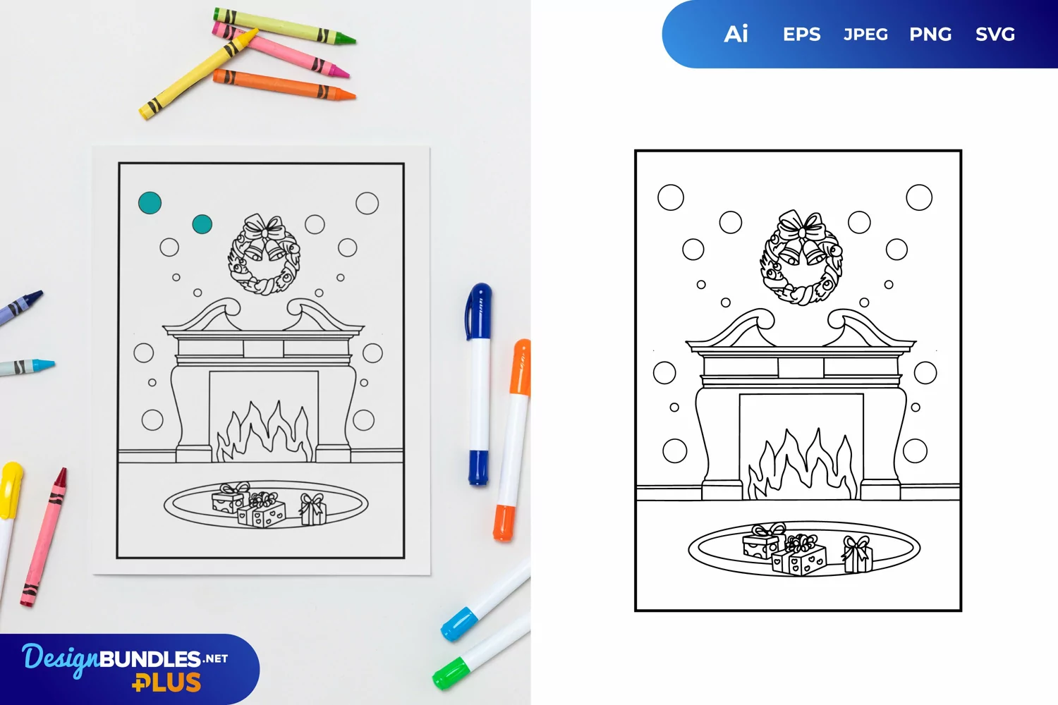 Christmas Fireplace and Gift Boxes Coloring Page product image 1