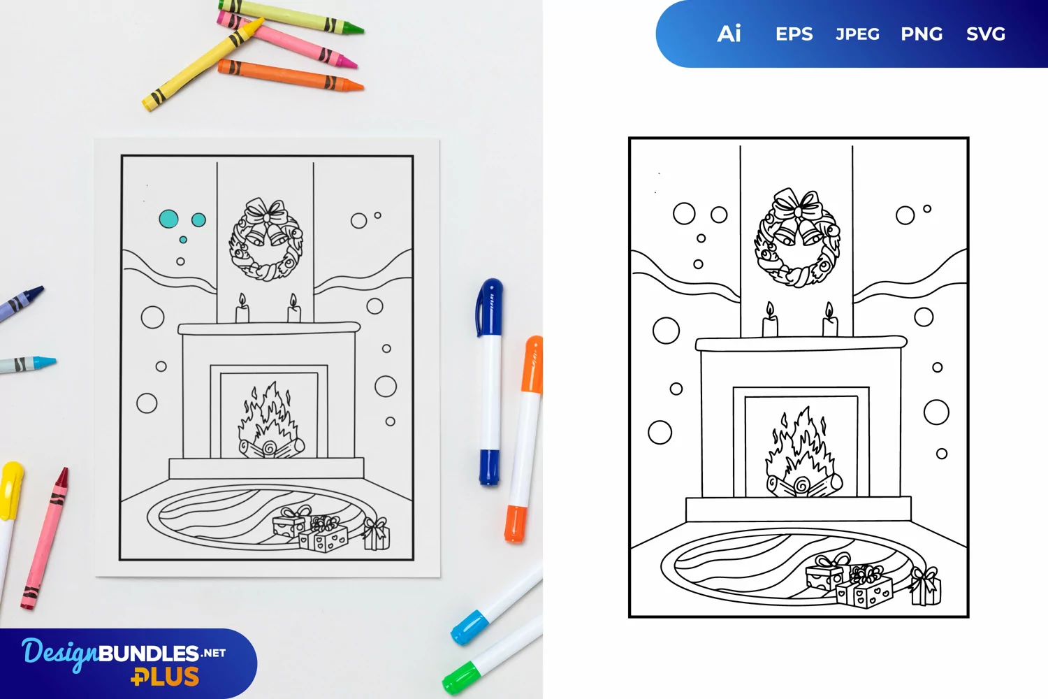 Fireplace and Wreath in The Christmas Coloring Page product image 1