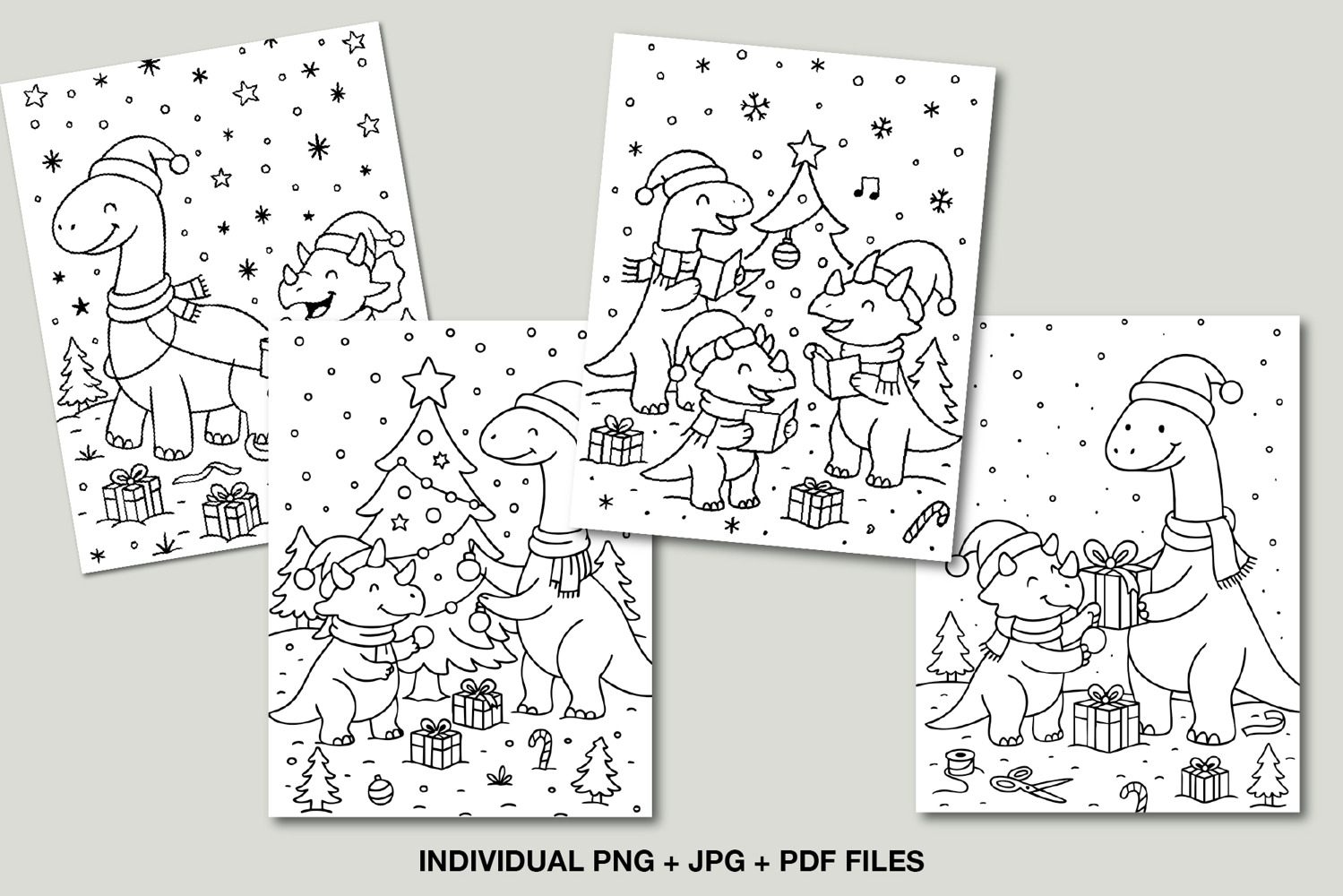 Set of cute Christmas dinosaur coloring pages featuring dinosaurs with gifts, trees, and winter decorations, printable art for kids.