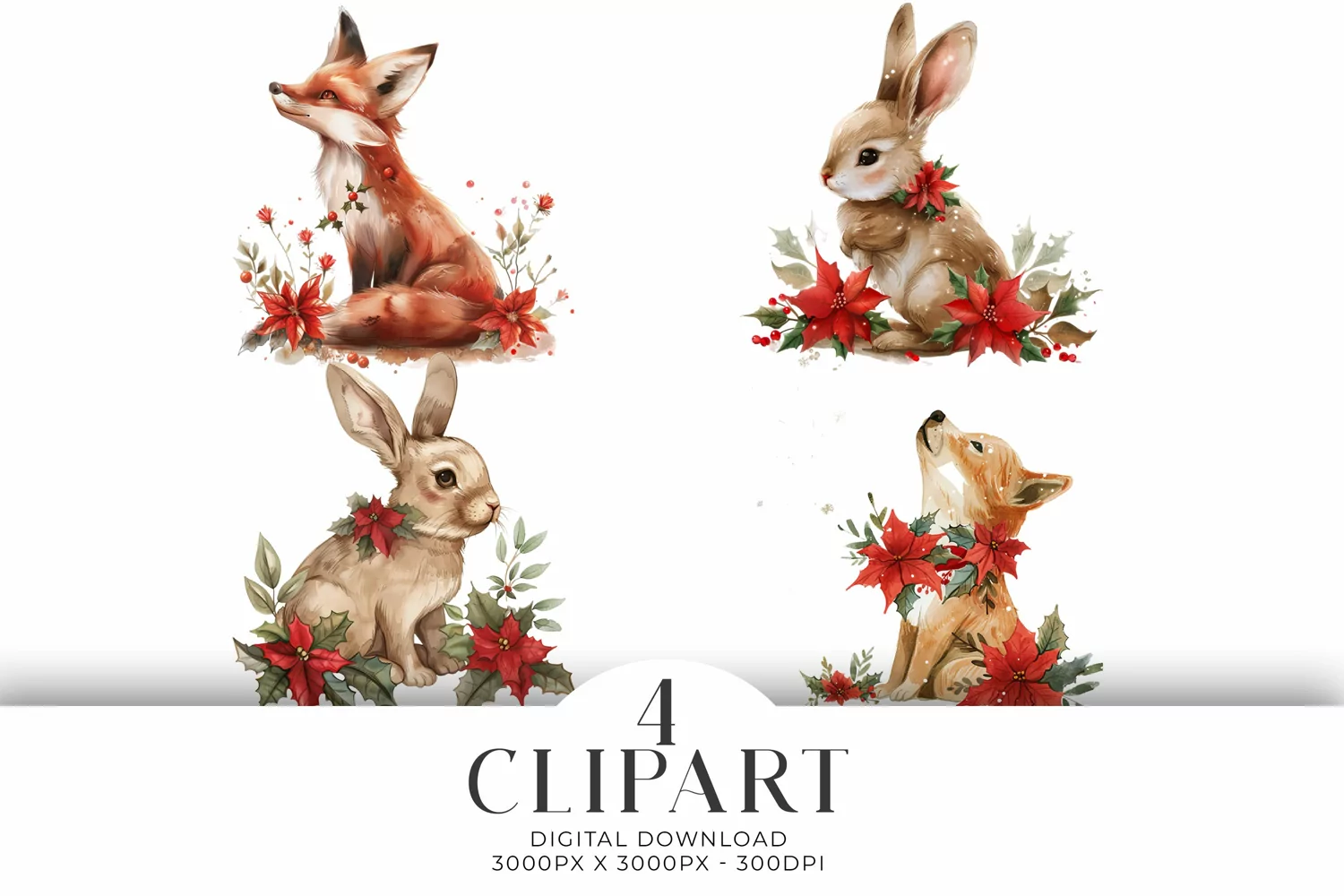 Christmas Fox and Rabbit Clipart Illustrations Watercolor 
