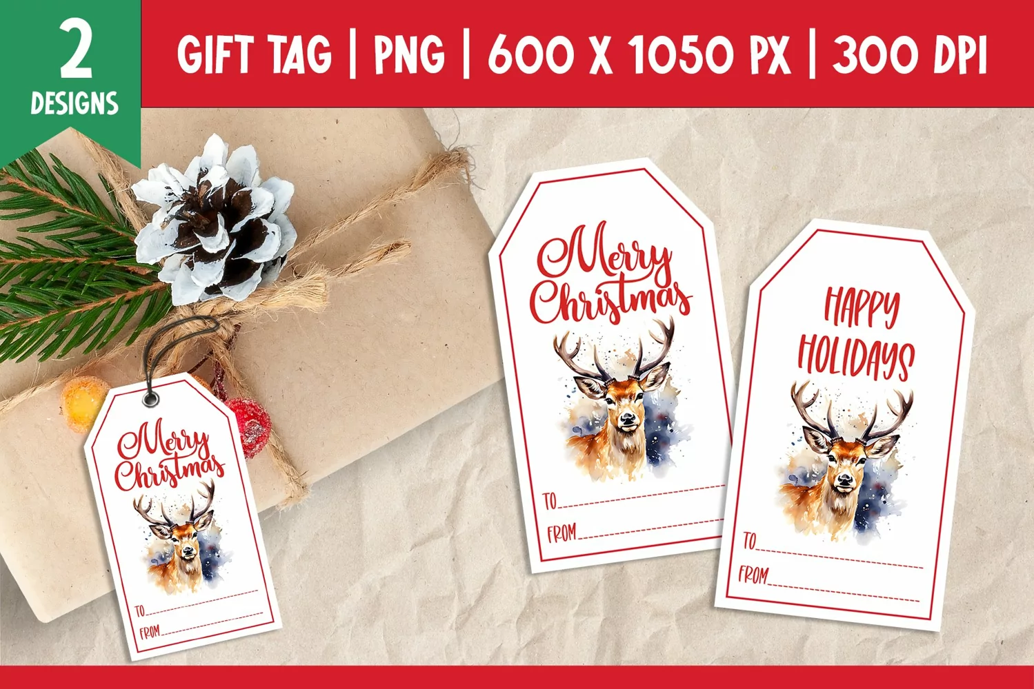 Merry Christmas Gift Tags Printable Templates PNG Deer product image 1