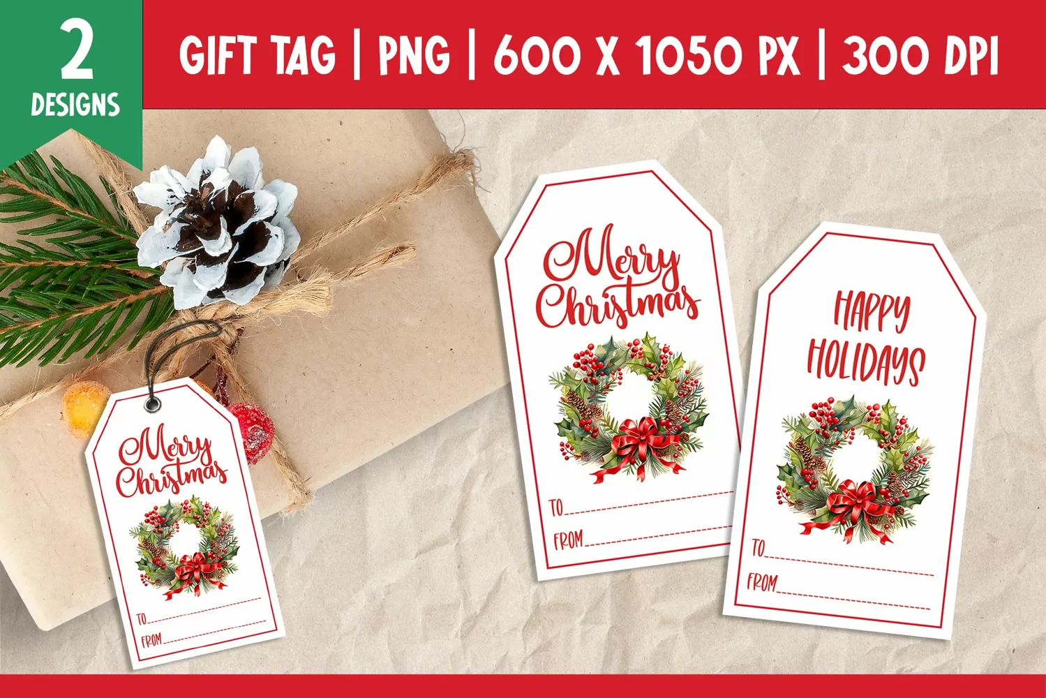 Merry Christmas Gift Tags Printable Templates Wreath product image 1