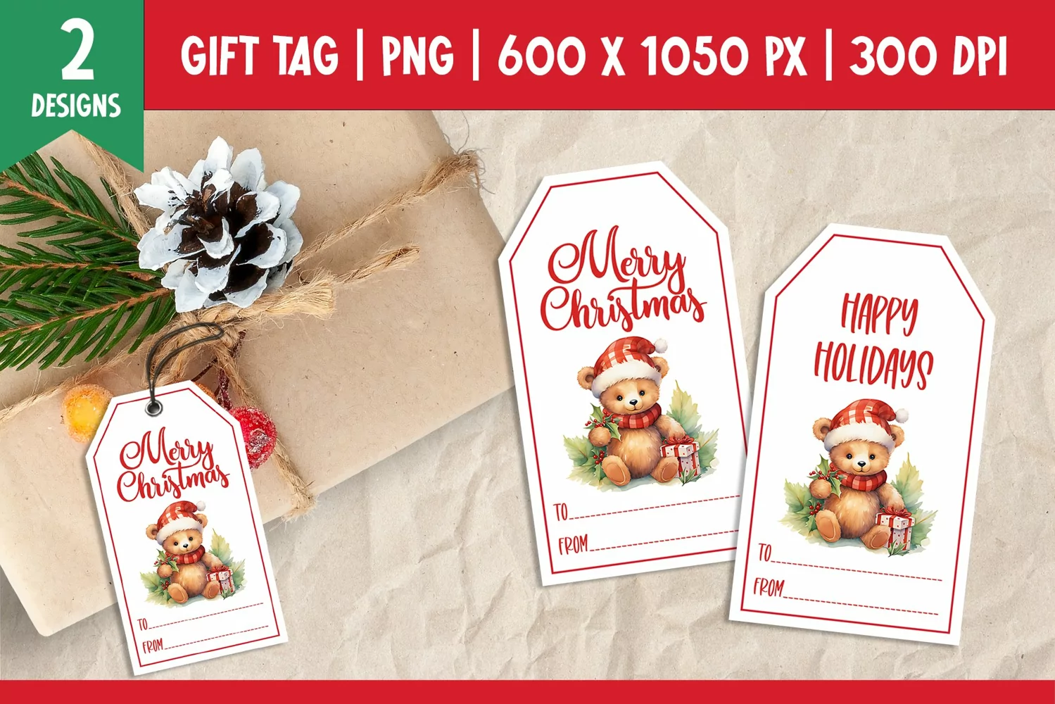 Merry Christmas Gift Tags Printable Templates Teddy Bear product image 1