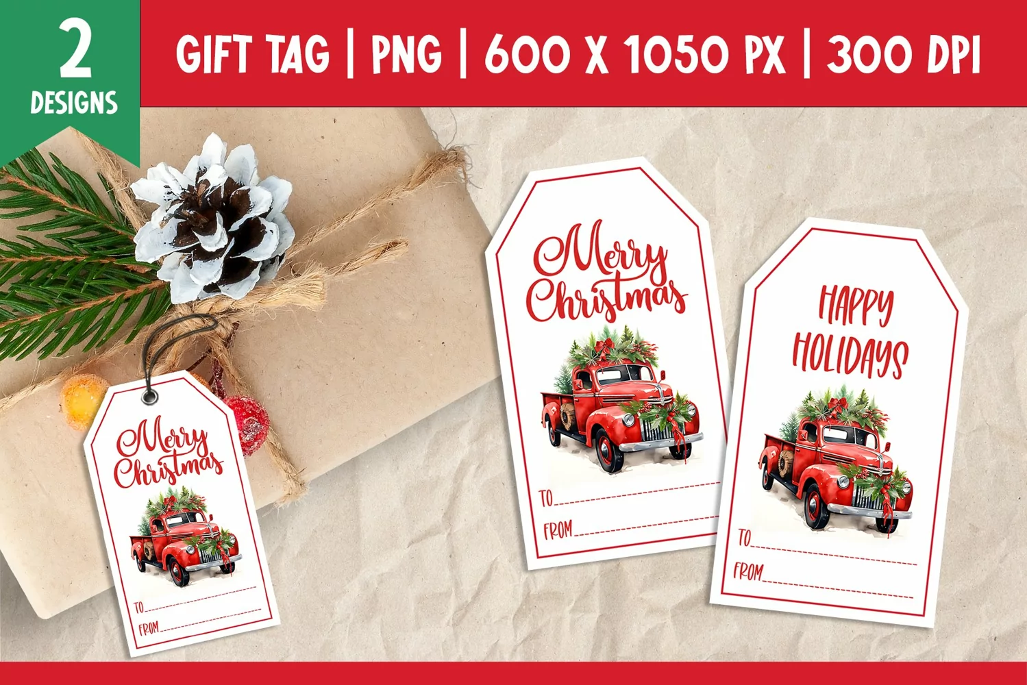 Merry Christmas Gift Tags Printable Vintage Red Truck PNG product image 1