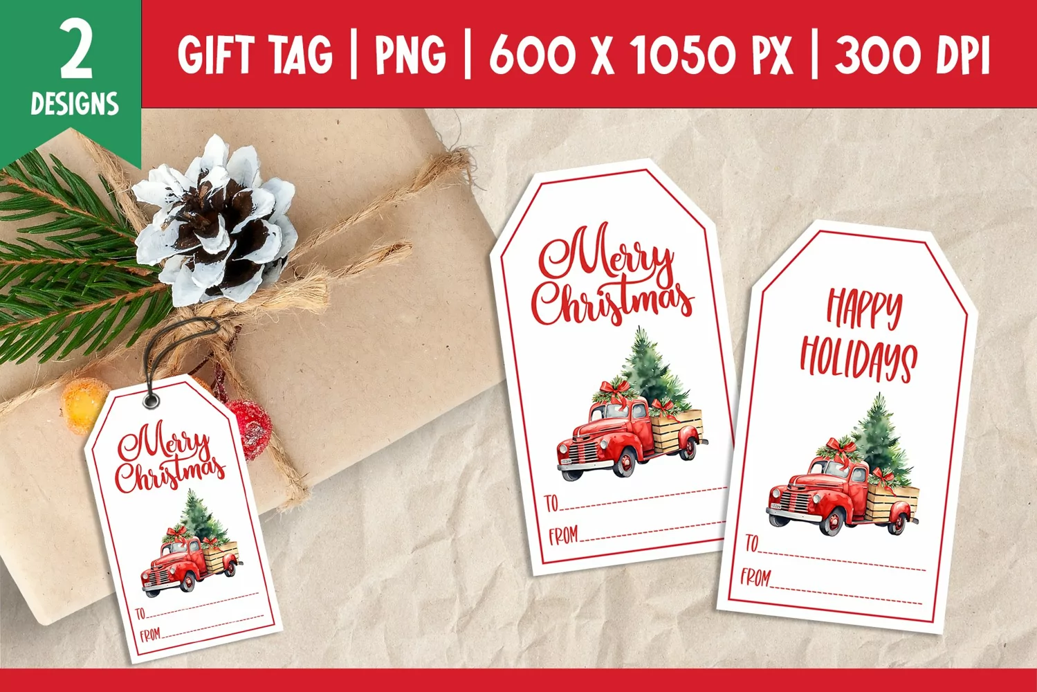 Merry Christmas Gift Tags Printable Vintage Red Truck PNG product image 1