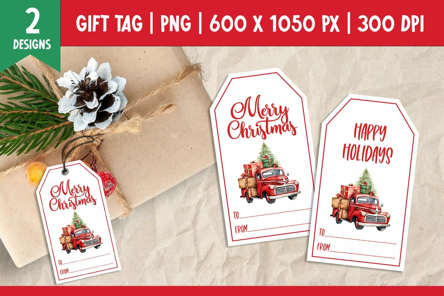 Merry Christmas Gift Tags Printable Vintage Red Truck PNG product image 1