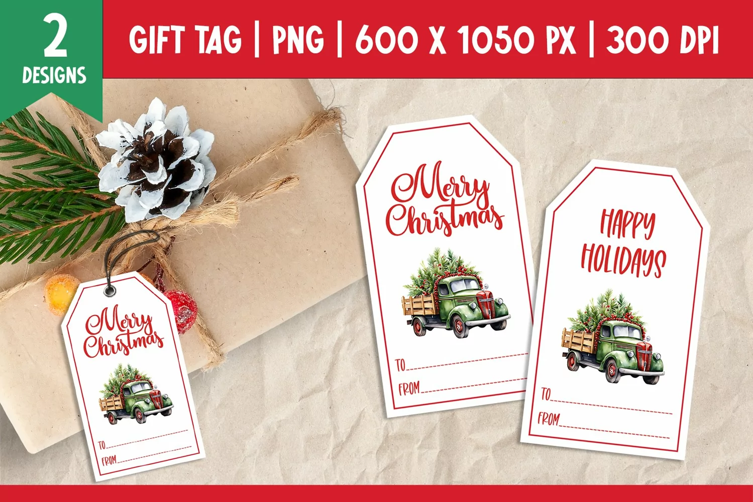 Merry Christmas Gift Tags Printable Vintage Green Truck PNG product image 1