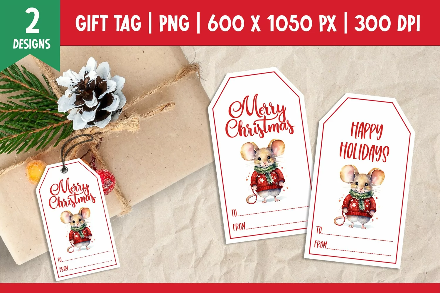 Merry Christmas Gift Tags Printable Templates PNG Mouse product image 1