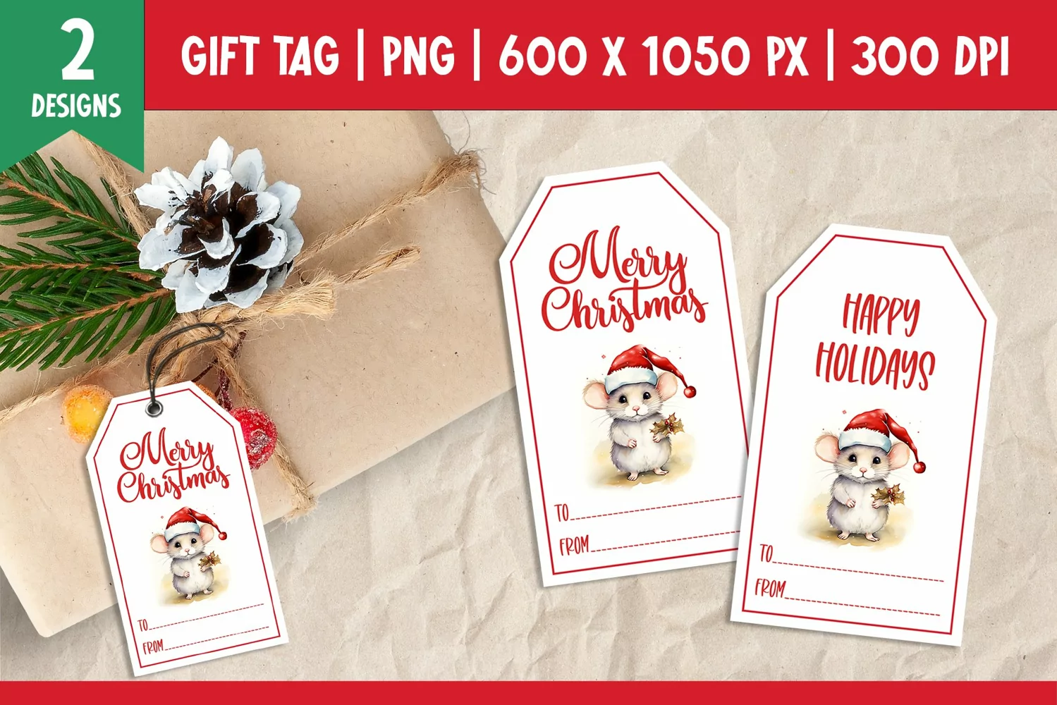 Merry Christmas Gift Tags Printable Templates PNG Mouse product image 1