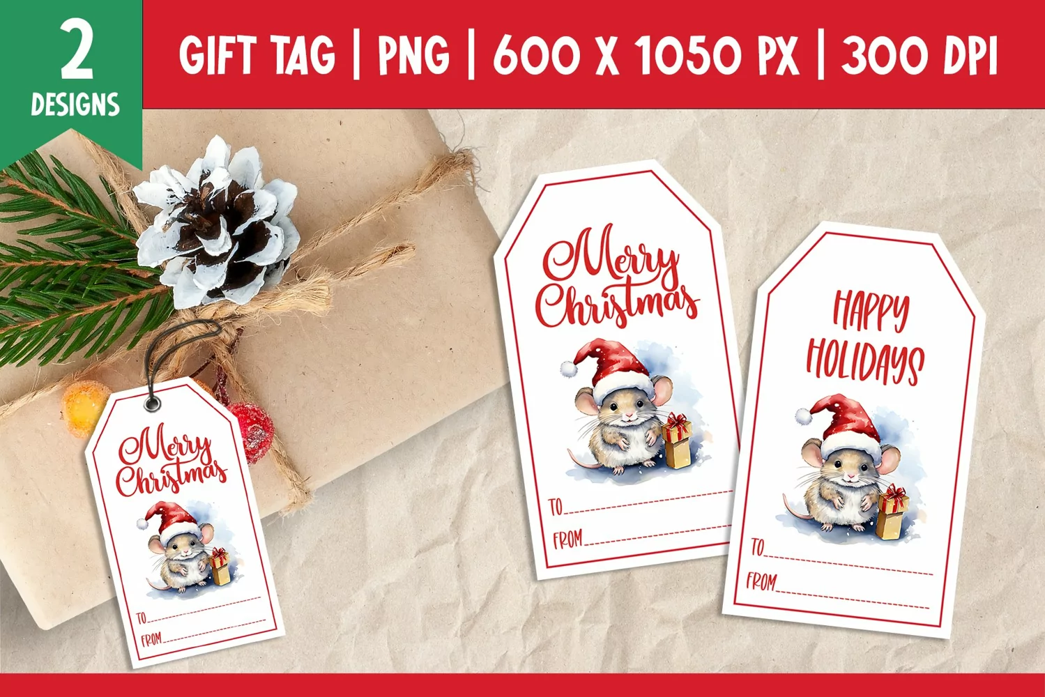 Merry Christmas Gift Tags Printable Templates PNG Mouse product image 1