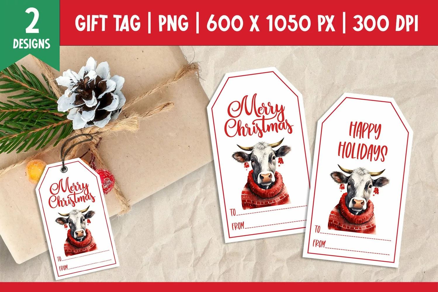 Merry Christmas Gift Tags Printable Templates PNG Cow product image 1