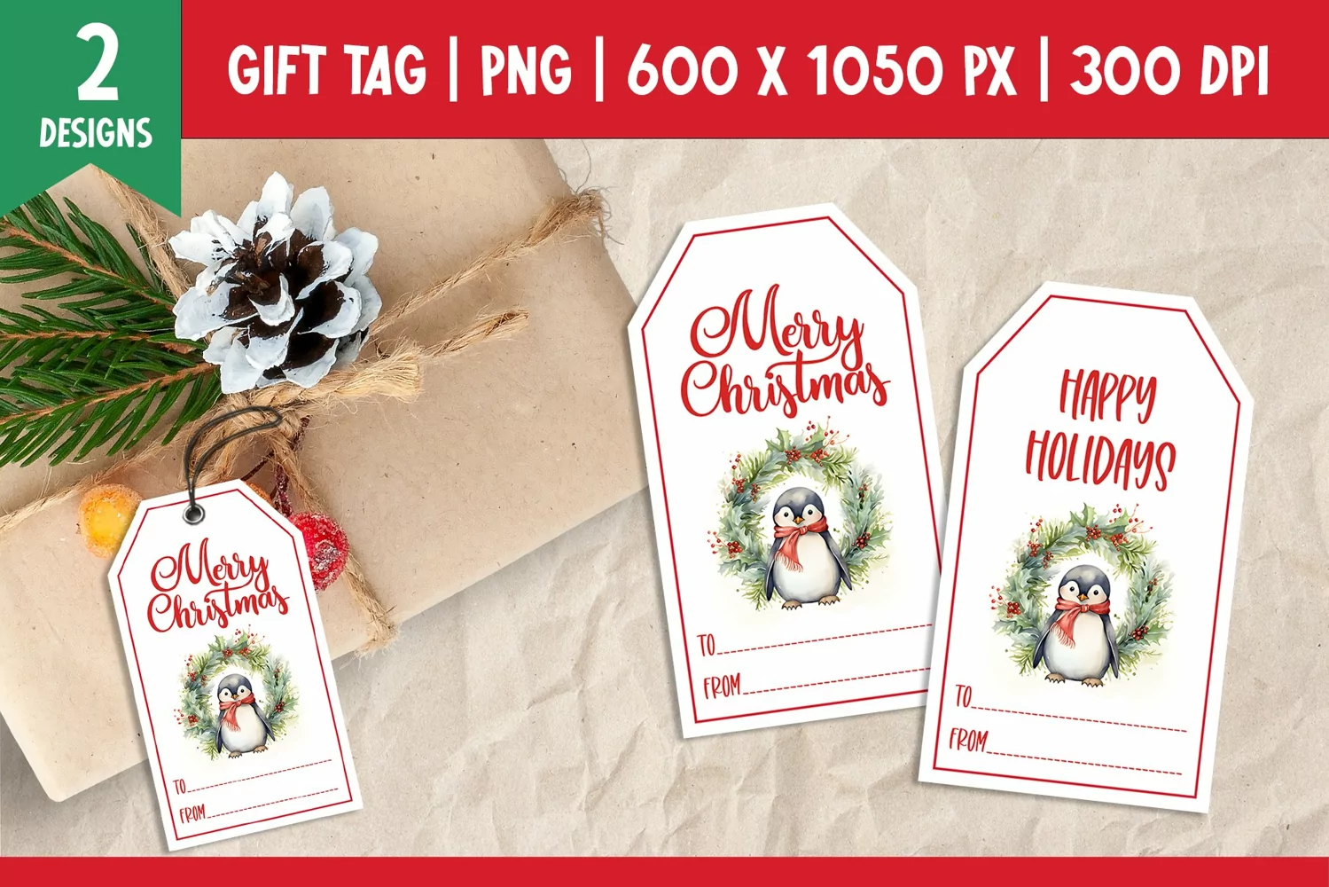 Merry Christmas Gift Tags Printable Template penguin PNG product image 1