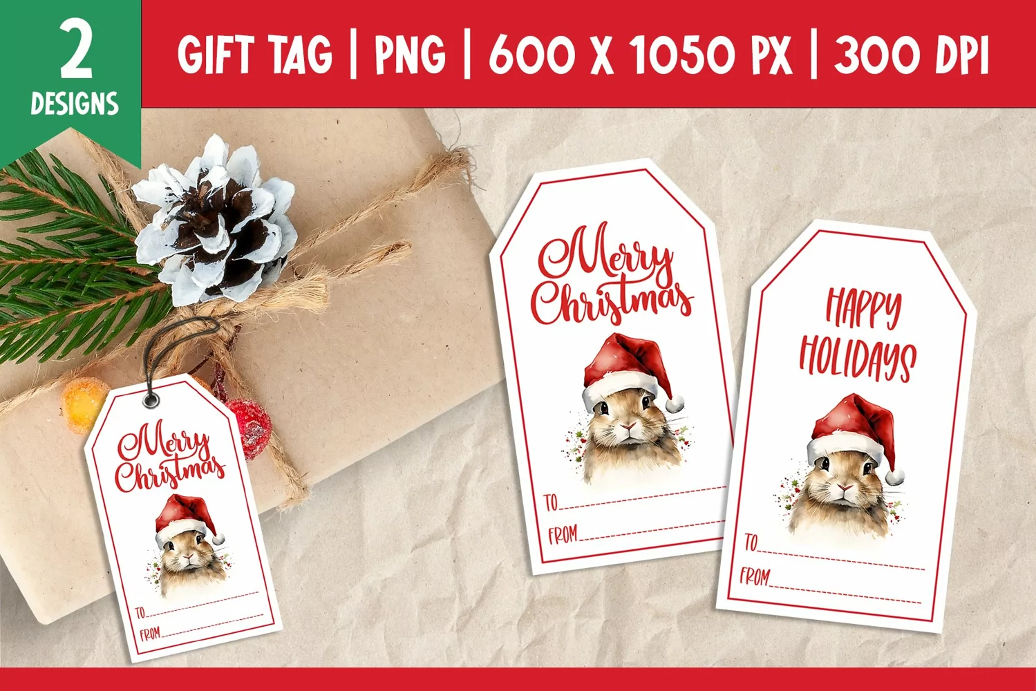 Merry Christmas Gift Tags Printable Template Bunny product image 1