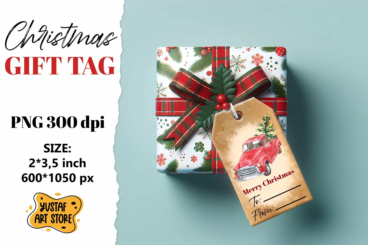 Christmas Gift Tag. Christmas truck watercolor illustration product image 1