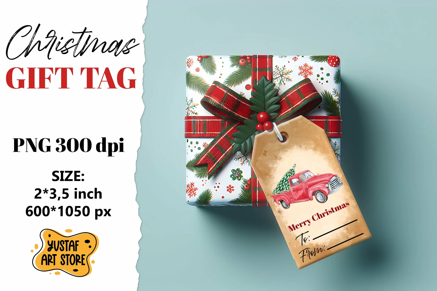 Christmas Gift Tag. Christmas truck watercolor illustration product image 1