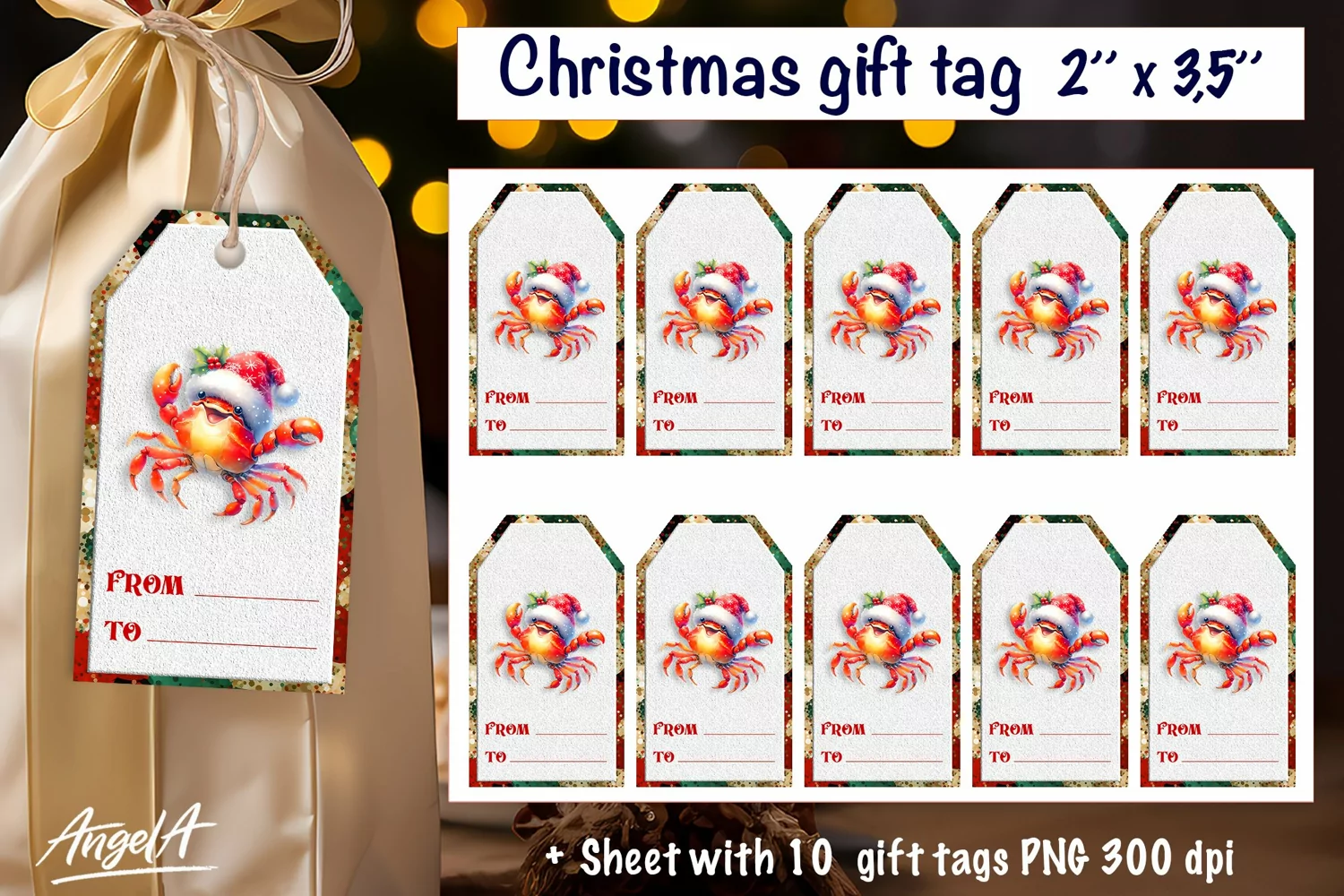 Christmas gift tag, crab illustrations, sea animals PNG product image 1