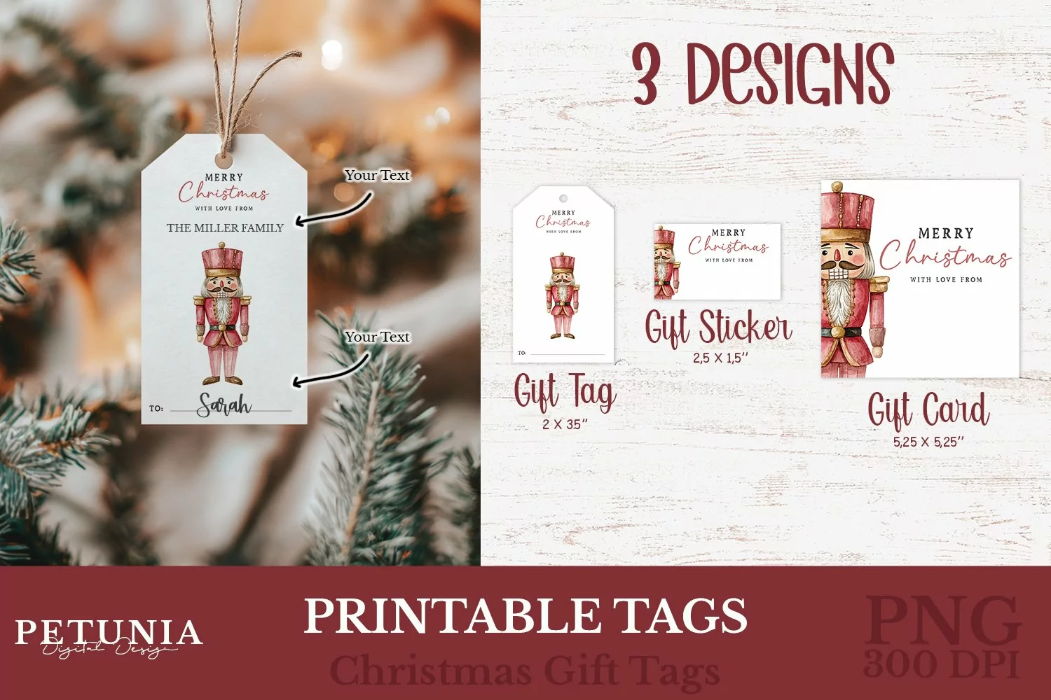 Printable Christmas gift tags and Christmas gift cards designs being used as personalized Christmas gift tags with names on Christmas gifts