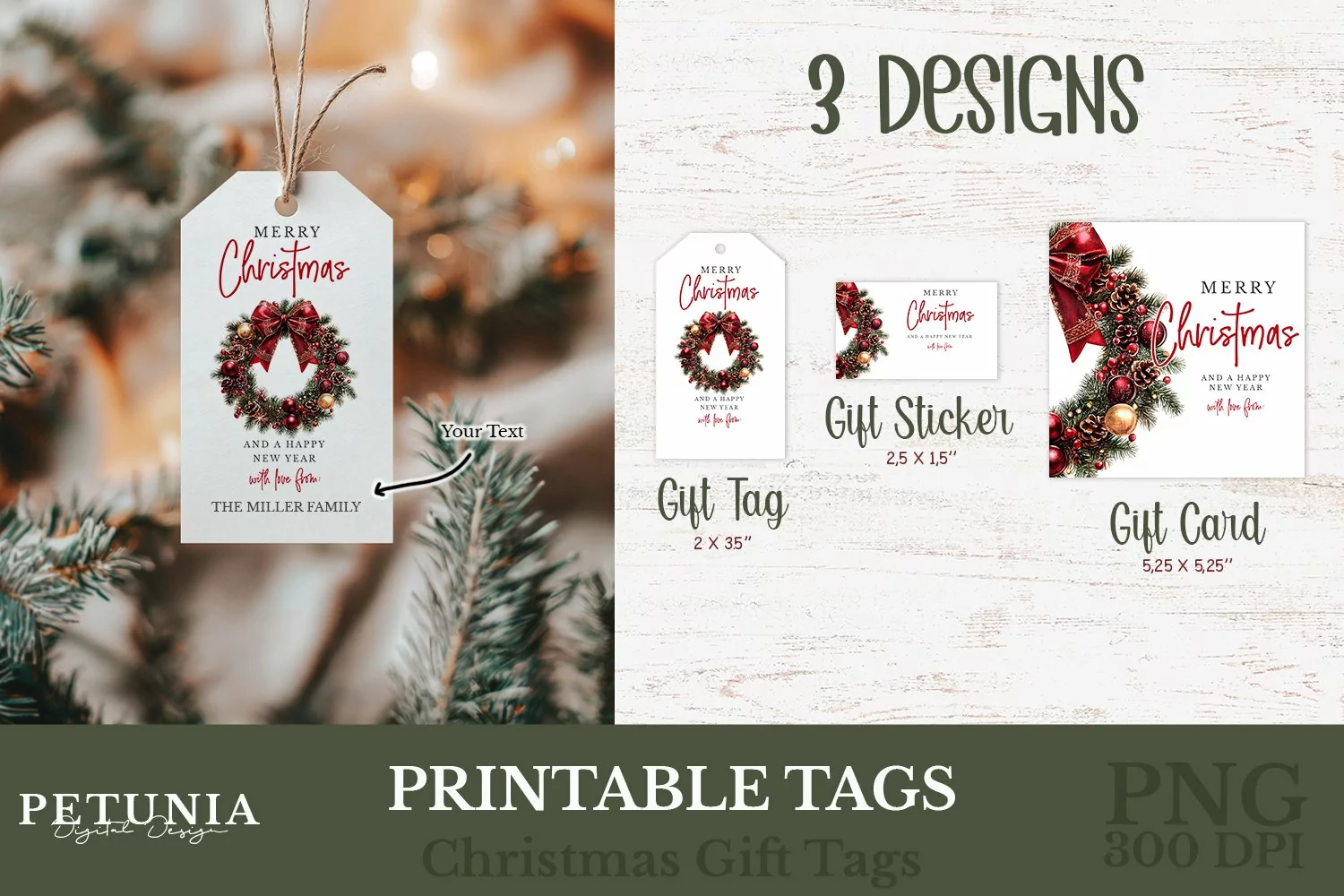 Printable Christmas gift tags and Christmas gift cards designs being used as personalized Christmas gift tags with names on Christmas gifts