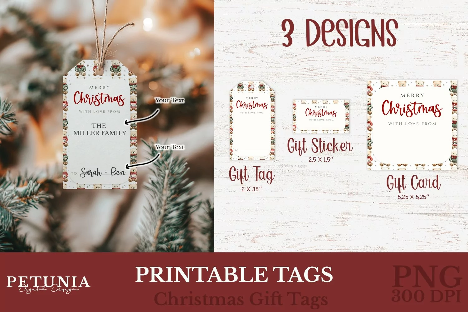 Printable Christmas gift tags and Christmas gift cards designs being used as personalized Christmas gift tags with names on Christmas gifts