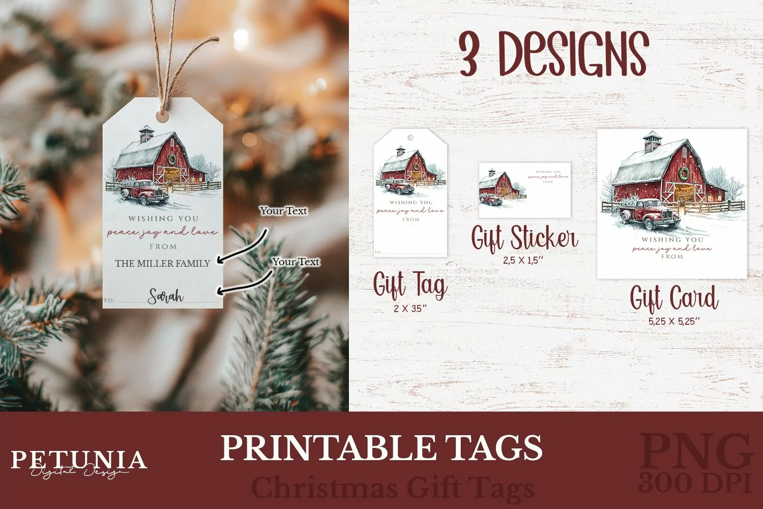 Printable Christmas gift tags and Christmas gift cards designs being used as personalized Christmas gift tags with names on Christmas gifts