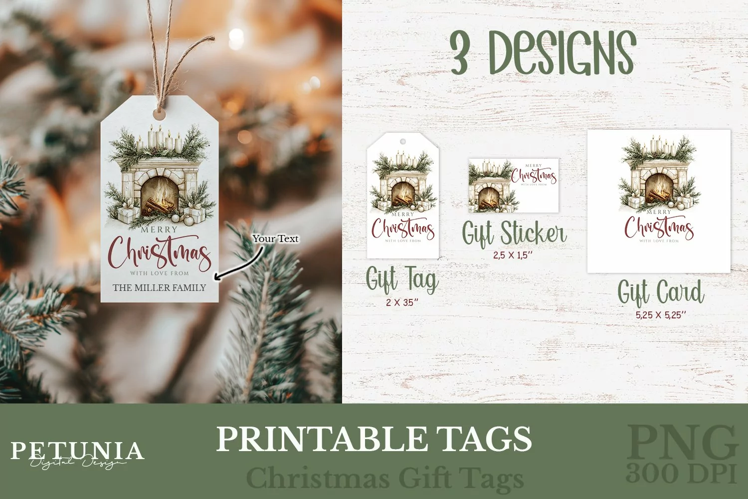 Printable Christmas gift tags and Christmas gift cards designs being used as personalized Christmas gift tags with names on Christmas gifts
