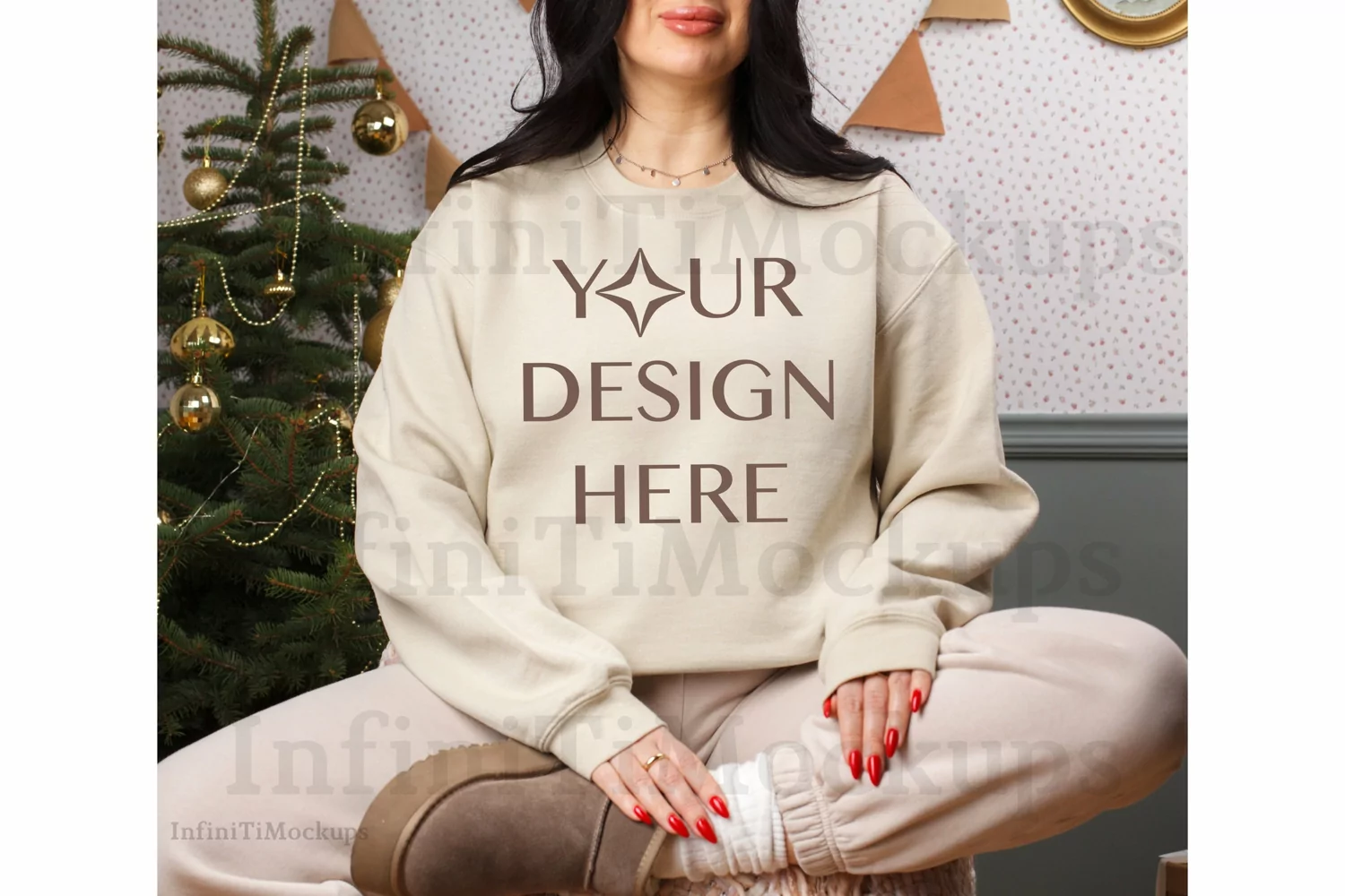 Christmas Gildan 18000 sweatshirt mockup in Sand color product image 1