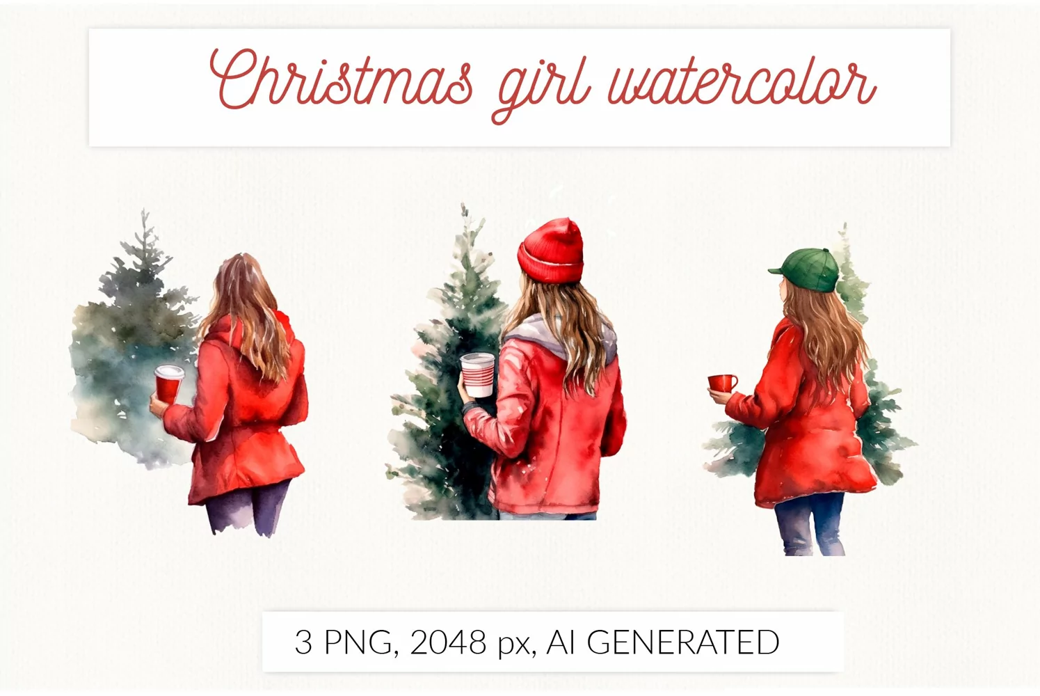 Turning back Christmas girl in red watercolor product image 1