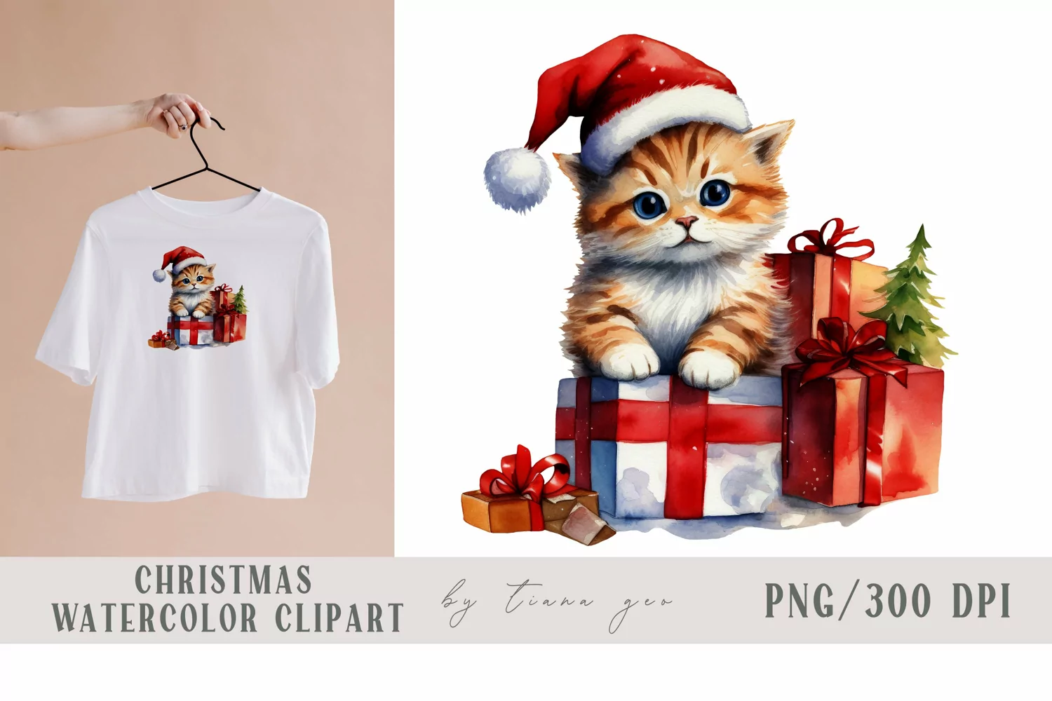Watercolor Christmas kitty with gift boxes clipart- 1 png product image 1